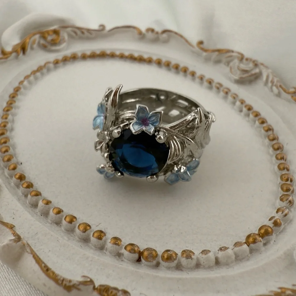 Anthropologie Elegant Silver and Blue Floral Ring